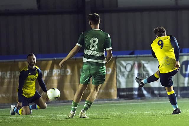 Charlie Bell scores for Moneyfields against Laverstock at Westleigh Park. Picture: Barry Zee