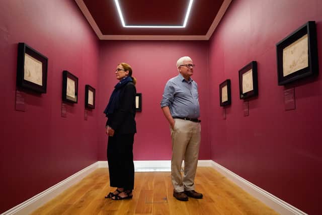 The National Museum of the Royal Navy's director general, professor Dominic Tweddle (right), and head of collections and research, Louisa Blight, look at a rare collection of Spanish Armada Maps on display for the first time.
Picture date: Tuesday June 20, 2023.
PA Photo. See PA story HERITAGE Armada. Photo credit should read: Andrew Matthews/PA Wire
