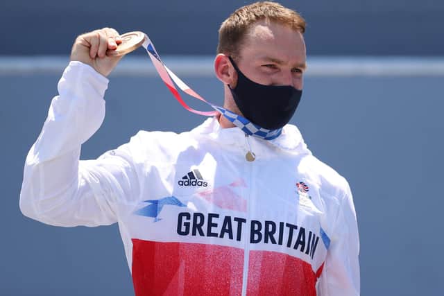 TOKYO, JAPAN - AUGUST 01: Bronze Medalist Declan Brooks of Team Great Britain poses for a picture on the podium after Men's Park Final of the BMX Freestyle on day nine of the Tokyo 2020 Olympic Games at Ariake Urban Sports Park on August 01, 2021 in Tokyo, Japan. (Photo by Ezra Shaw/Getty Images)