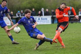 Brett Pitman, right, remains on 49 league and cup goals for AFC Portchester this season - will he bring up his half century in the mouthwatering clash with Wessex League title rivals Horndean? Picture by Nathan Lipsham