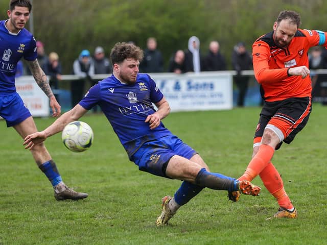Brett Pitman, right, remains on 49 league and cup goals for AFC Portchester this season - will he bring up his half century in the mouthwatering clash with Wessex League title rivals Horndean? Picture by Nathan Lipsham