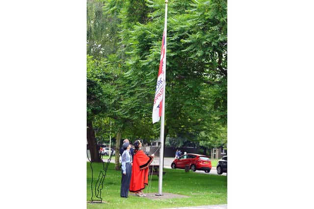 The Mayor of Havant Diana Patrick raising the flag for Armed Forces Day in 2019
Picture: Sarah Standing (240619-9591)