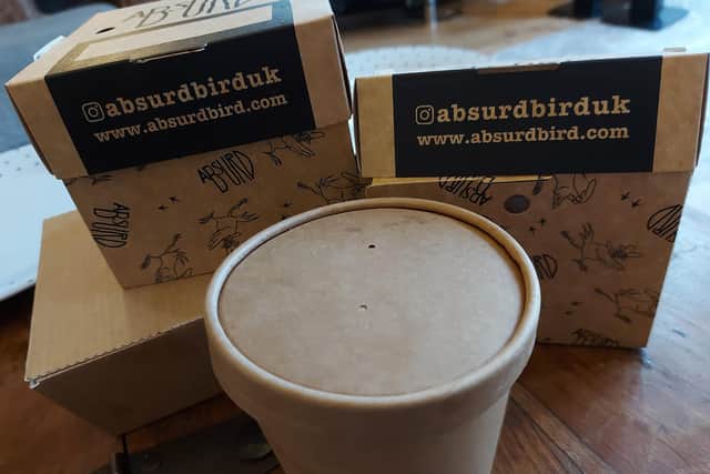 Absurd Bird takeaway packaging.