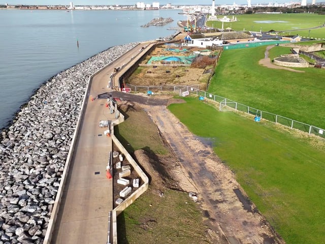 Progress on the Southsea Coastal Scheme to reinforce Portsmouth's seafront, as captured by My Portsmouth By Drone.