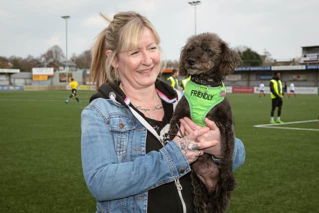 Pictured is: Teresa Flecknell with her dog Harley.
Picture: Keith Woodland (200321-2)