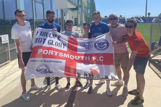 Marlon Pack with Pompey fans at the Pinatar Arena Football Center in Murcia, Spain, last summer