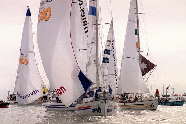 The massed yachts wait for a breeze at the start of Clipper 2000 race off Portsmouth. Picture by David Garvey