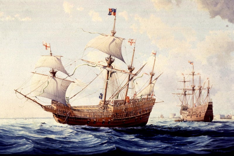 Artist impression of ship in 1545. The Mary Rose Trust tell us they are both The Mary Rose. Painting W.H. Bishop.