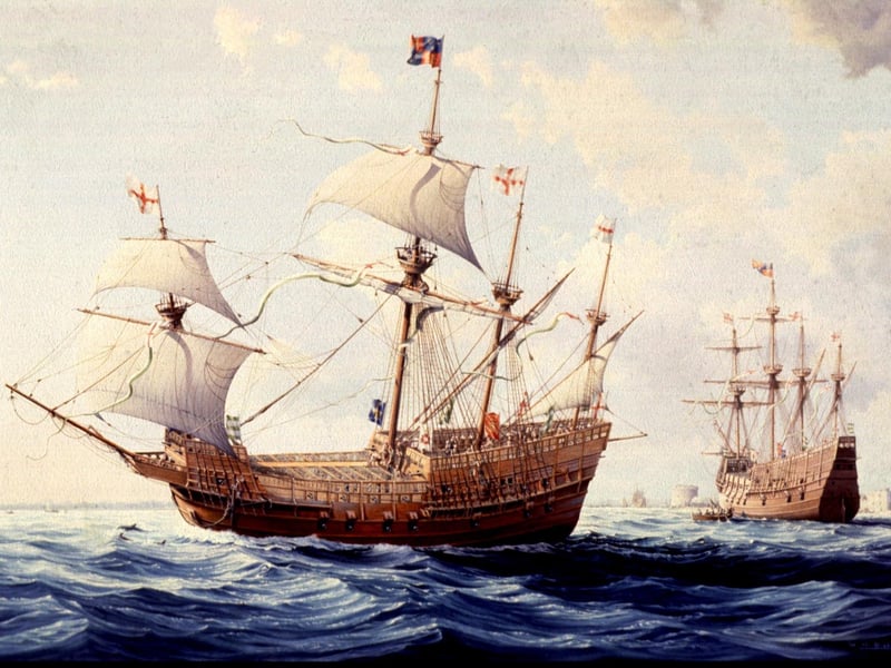 Artist impression of ship in 1545. The Mary Rose Trust tell us they are both The Mary Rose. Painting W.H. Bishop.