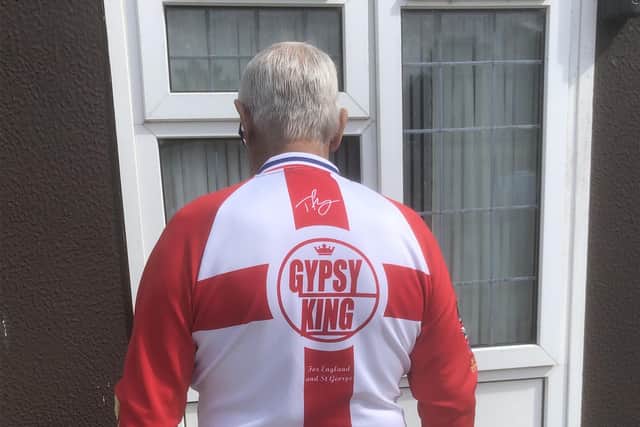 Frank Hopkins in Tyson Fury's 'The Gypsy King' branded tracksuit jacket worn by him and his team on fight night
