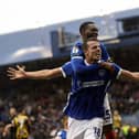 Conor Shaughnessy celebrates his late Pompey winner against Carlisle United. Picture: Barry Zee.