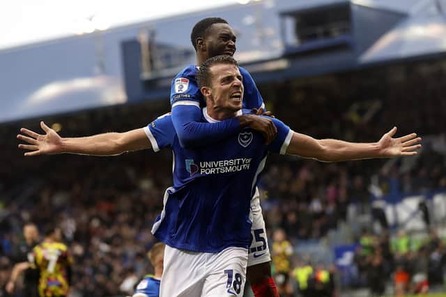 Conor Shaughnessy celebrates his late Pompey winner against Carlisle United. Picture: Barry Zee.