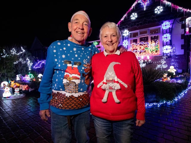 Bill and Barbara Wright have been raising money for charity by putting up thousands of decorations for the past 16 years.
Pictured: Bill and Barbara Wright at their home in Portchester on Monday 4th December 2023
Picture: Habibur Rahman