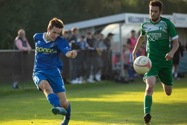 Evan Harris, left, pictured playing for Selsey this season, netted twice as Horndean drew 4-4 with Baffins in an entertaining Portsmouth Senior Cup tie at Five Heads Park.