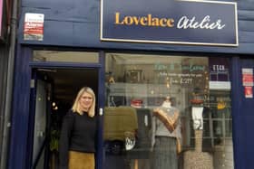 April Lovelace, outside her business Lovelace Atelier in Albert Road, Southsea 