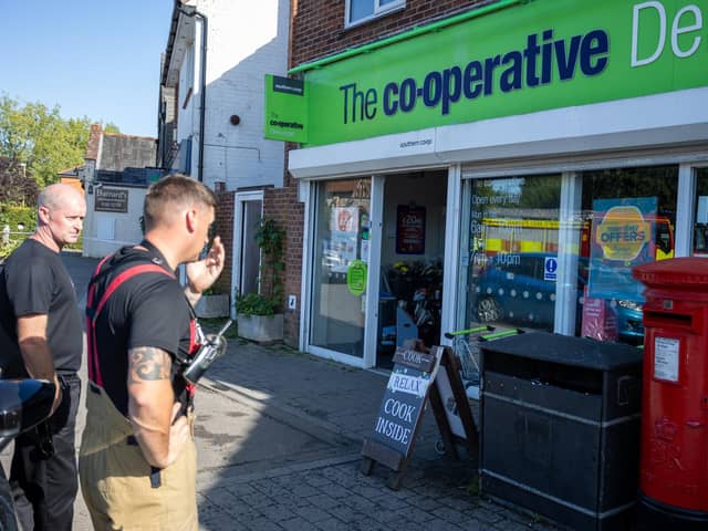 A fire has damaged the Cooperative shop in Denmead, with multiple fire services in attendance, along with a police exclusion area and road closure.

Pictured - Cooperative shop in Denmead after the fire had been put out.

Photos by Alex Shute