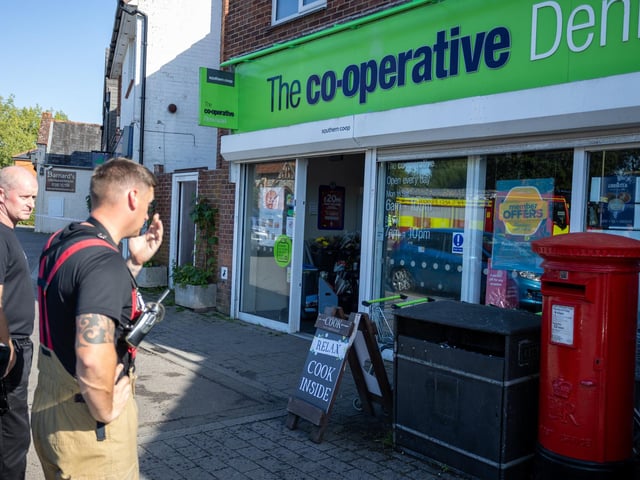 A fire has damaged the Cooperative shop in Denmead, with multiple fire services in attendance, along with a police exclusion area and road closure.Pictured - Cooperative shop in Denmead after the fire had been put out.Photos by Alex Shute