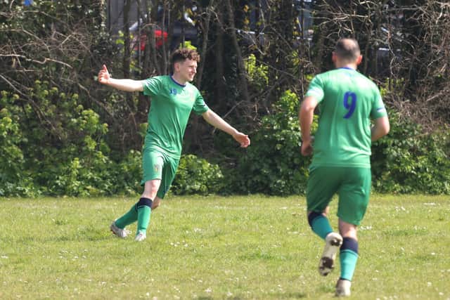 Cowplain celebrate after opening the scoring in their London Cup semi-final against Coach & Horses Albion. Picture by Kevin Shipp