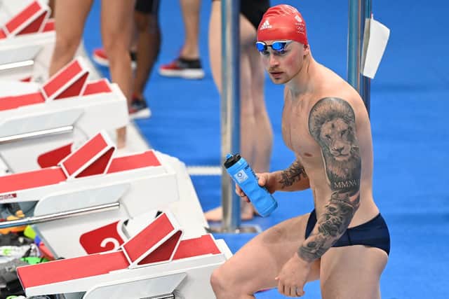 Britain's Adam Peaty , aiming for his second Olympic gold, in training at the Tokyo Aquatic Centre this week. Photo by ATTILA KISBENEDEK/AFP via Getty Images.
