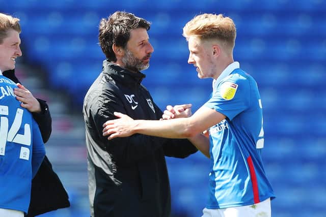 Pompey head coach Danny Cowley congratulates Harvey White after Saturday's win over Bristol Rovers. Picture: Joe Pepler