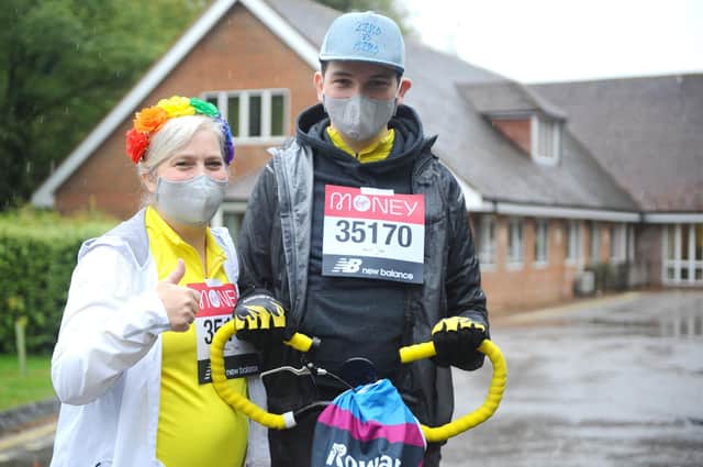 Harley Salter (25) took part in the virtual Virgin Money London Marathon raising money for the Rowans Hospice Charity. Harley had a lovely send off by staff at The Rowans Hospice on Sunday, October 4.
Pictured is: Harley Salter with his mum Vanessa Salter.
Picture: Sarah Standing (041020-4915)