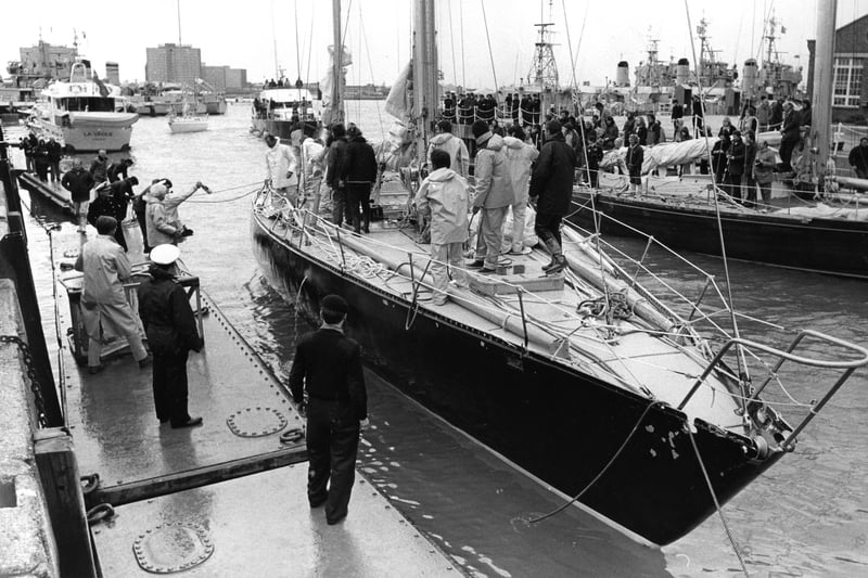 Yachts athe HMS Vernon before the Round the World race, 1987. The News PP4547