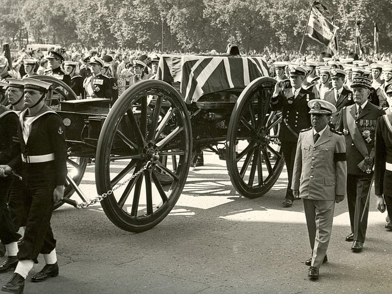 Lord Mountbatten's coffin borne on the field gun carriage kept at HMS Excellent on Whale Island, Portsmouth