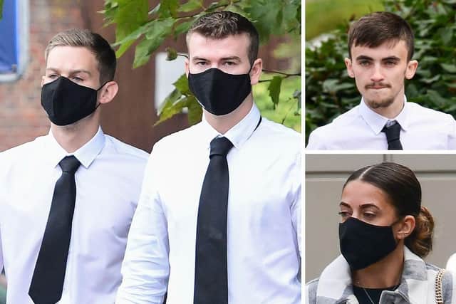 Main picture Bradley Green (left) and Jason Huggitt, top Nathan Daniels, and bottom Coral Lock. Green and Daniels have admitted charges after the incident at Marwell Zoo - Lock and Huggitt have seen charges against them dismissed Picture: Will Dax/ Solent News and Picture Agency