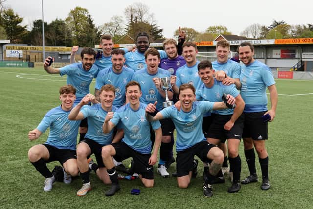 Wicor Mill celebrate after beating AC Copnor in the Buster Gordon Cup final at Westleigh Park. Picture by Kevin Shipp