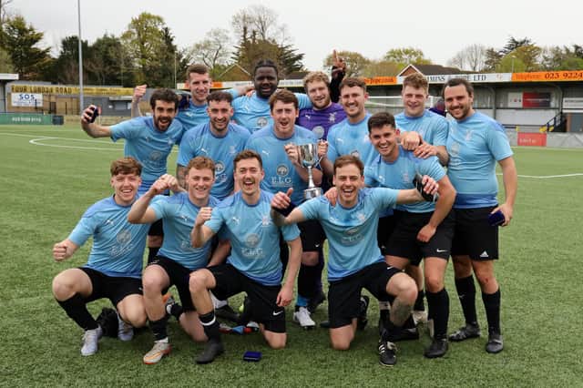Wicor Mill celebrate after beating AC Copnor in the Buster Gordon Cup final at Westleigh Park. Picture by Kevin Shipp