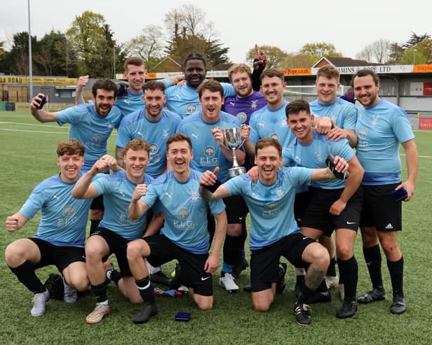 Wicor Mill celebrate after beating AC Copnor in the Buster Gordon Cup final at Westleigh Park. Picture by Kevin Shipp