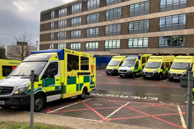 Ambulances parked up outside the Accident and Emergency department at the Queen Alexandra Hospital in Cosham, on December 29, 2020. Picture: Andrew Matthews/PA Wire