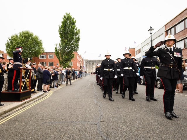 Pictured is: HM Lord-Lieutenant of Hampshire, Nigel Atkinson Esq. takes the salute during the Royal Marines March Past. Picture: Keith Woodland (190621-331).