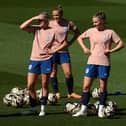 Jordan Nobbs, Alessia Russo, Georgia Stanway and Niamh Charles of England look on during an England Training Session during the the FIFA Women's World Cup Australia & New Zealand 2023 at Central Coast Stadium on August 19, 2023 in Gosford, Australia. (Photo by Mark Metcalfe/Getty Images)