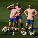 Jordan Nobbs, Alessia Russo, Georgia Stanway and Niamh Charles of England look on during an England Training Session during the the FIFA Women's World Cup Australia & New Zealand 2023 at Central Coast Stadium on August 19, 2023 in Gosford, Australia. (Photo by Mark Metcalfe/Getty Images)