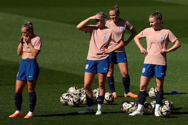 Jordan Nobbs, Alessia Russo, Georgia Stanway and Niamh Charles of England look on during an England Training Session during the the FIFA Women's World Cup Australia & New Zealand 2023 at Central Coast Stadium on August 19, 2023 in Gosford, Australia. (Photo by Mark Metcalfe/Getty Images)