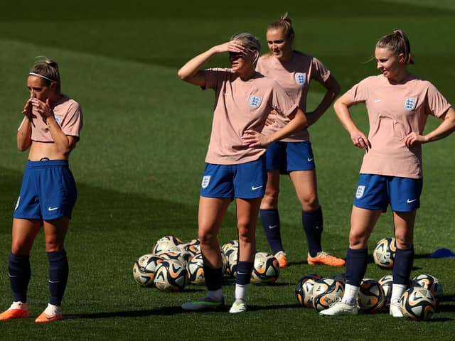 Jordan Nobbs, Alessia Russo, Georgia Stanway and Niamh Charles of England look on during an England Training Session during the the FIFA Women's World Cup Australia & New Zealand 2023 at Central Coast Stadium on August 19, 2023 in Gosford, Australia. (Photo by Mark Metcalfe/Getty Images)