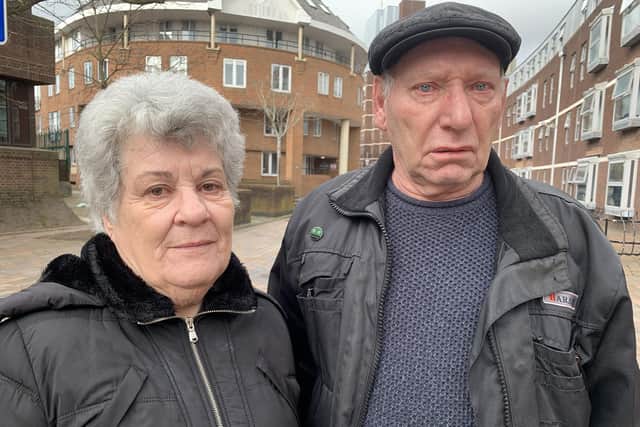 Victim Geoffrey Noble, pictured with his wife Caroline at Portsmouth Crown Court in 2020, when they watched a gang of eight people being sentenced for a 'sophisticated' fraud involving using more than 2,000 identities of BT customers. Picture: Ben Fishwick