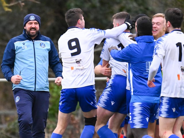 Clanfield boss Lee Blakeley, left, all smiles after Fred Penfold's winner at Bournemouth Sports. Picture by Richard Murray.