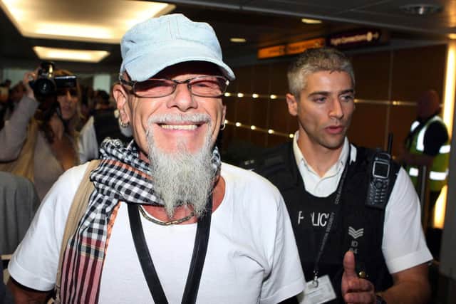 Smirking pervert Gary Glitter arrives at Heathrow Airport on Friday August 22, 2008, having been released from prison in Vietnam where he had been serving a jail term for abusing two young girls. Picture: Steve Parsons/PA Wire