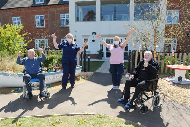 The Fernes Care Home in Fareham, unveiled their new revamped garden on Friday, April 23.

Pictured is: (l-r) Ernest Snow (91), Emma Glanville, deputy manager, Zoe Freeman, activities co-ordinator and Mick Mist (82).

Picture: Sarah Standing (230421-7261)