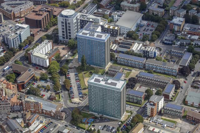 An aerial view of Leamington House and Horatia House