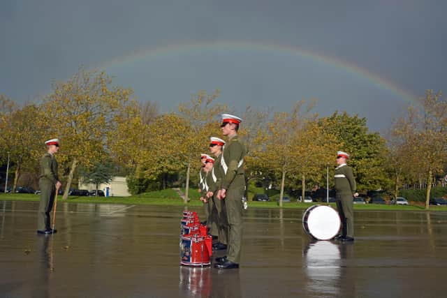 Members of the Royal Marines Band Corp of Drums based at Portsmouth Naval Base rehearse at HMS Excellent, Portsmouth, for the Remembrance Day commemorations in London on Sunday. Picture: PA Wire
