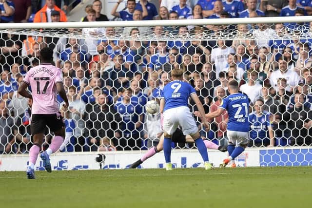 Conor Chaplin bags his late Ipswich Town equaliser after a mistake by Owls keeper Pic Steve Ellis