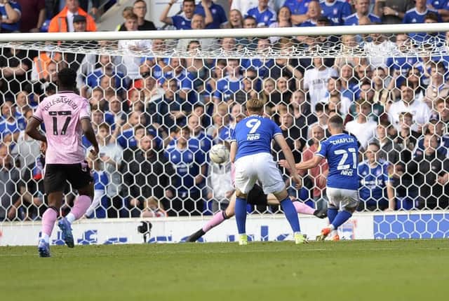 Conor Chaplin bags his late Ipswich Town equaliser after a mistake by Owls keeper  Pic Steve Ellis