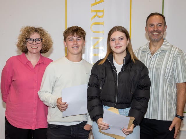 Students were welcomed to Crookhorn College to collect their GCSE results.Pictured - Liv, with boyfriend Finley and her Mum and DadPhotos by Alex Shute