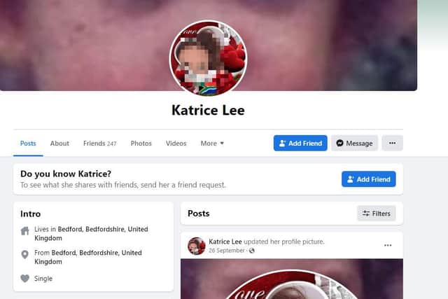 The profile on Facebook using photos of missing Katrice Lee who vanished 40 years ago on November 28 in 1981.