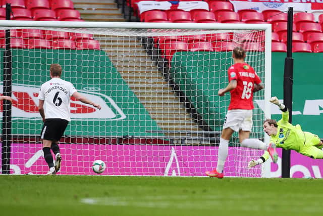 Craig MacGillivray makes yet another save in the Papa John's Trophy final - and, unsurprisingly, is Gaffer for a Day Lee McAvery's man of the match. Picture: Joe Pepler