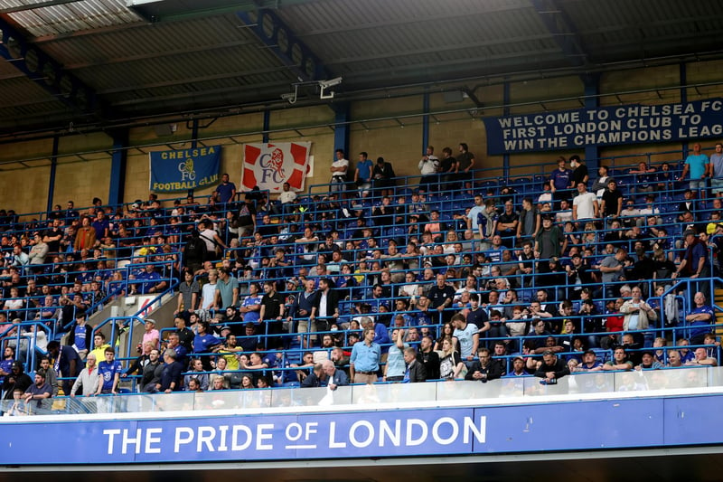 LONDON, ENGLAND - AUGUST 04: Fans of Chelsea in a new safe standing area during the Pre Season Friendly match between Chelsea and Tottenham Hotspur at Stamford Bridge on August 04, 2021 in London, England. (Photo by Catherine Ivill/Getty Images)