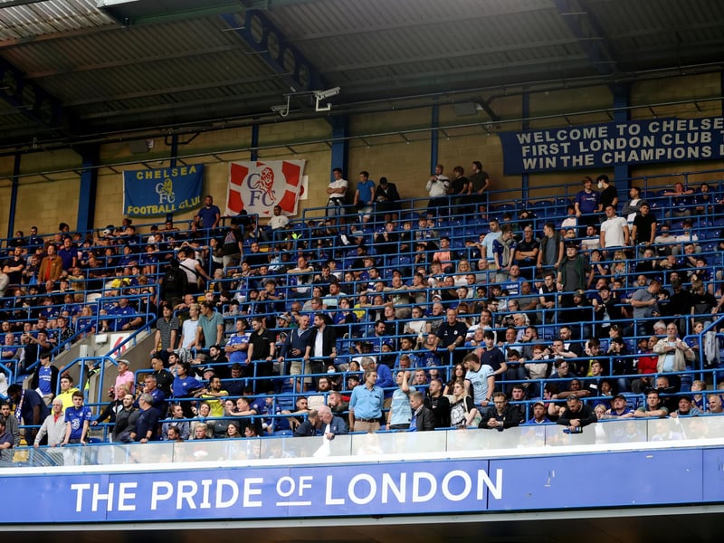 LONDON, ENGLAND - AUGUST 04: Fans of Chelsea in a new safe standing area during the Pre Season Friendly match between Chelsea and Tottenham Hotspur at Stamford Bridge on August 04, 2021 in London, England. (Photo by Catherine Ivill/Getty Images)